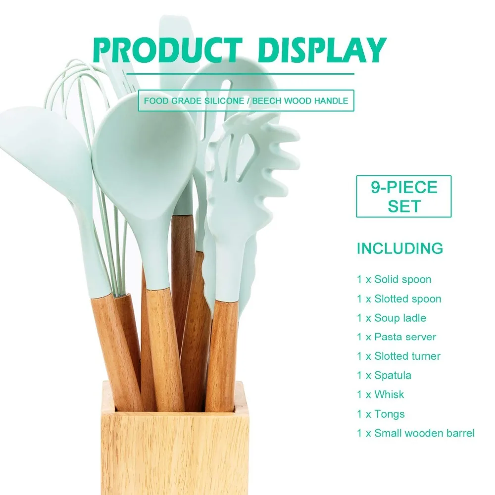 LMETJMA 9 Pieces Cooking Tools Set Silicone Kitchen Cooking Utensils Set With Bamboo Holder Turner Tong Spatula Spoon Set KC0208 LMETJMA 9 Pieces Cooking Tools Set Silicone Kitchen Cooking Utensils Set With Bamboo Holder Turner Tong Spatula Spoon Set KC0208