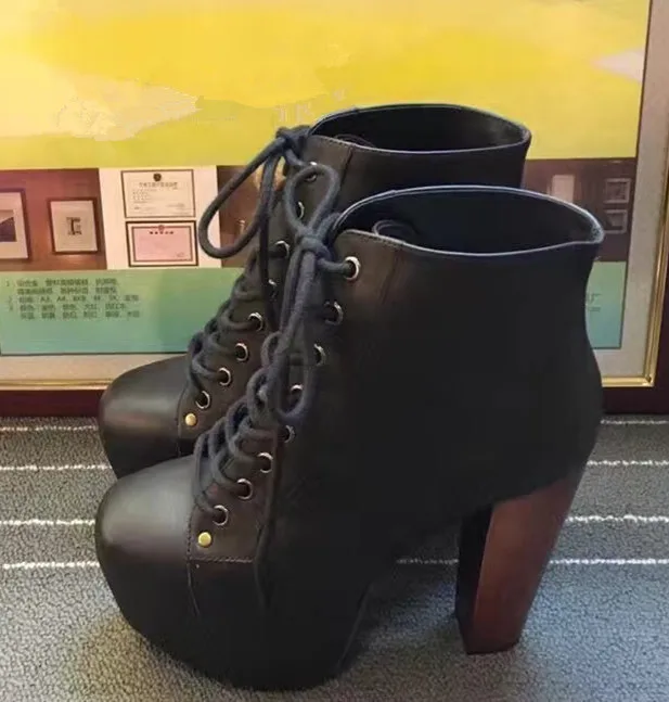 Женские ботильоны из натуральной кожи; Цвет Черный; зимние ботинки на платформе со шнуровкой; Botas Mujer; обувь на квадратном каблуке; Bota Feminina; женская обувь; Botines
