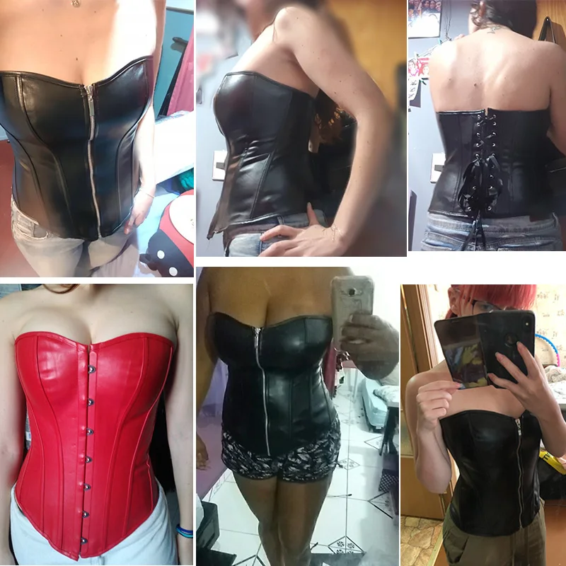 Gothic Punk Black Faux Leather Plus Size Steampunk Corset Overbust Waist Trainer Corselet Sexy Corsets And Bustiers S-6XL Gothic Punk Black Faux Leather Plus Size Steampunk Corset Overbust Waist Trainer Corselet Sexy Corsets And Bustiers S-6XL