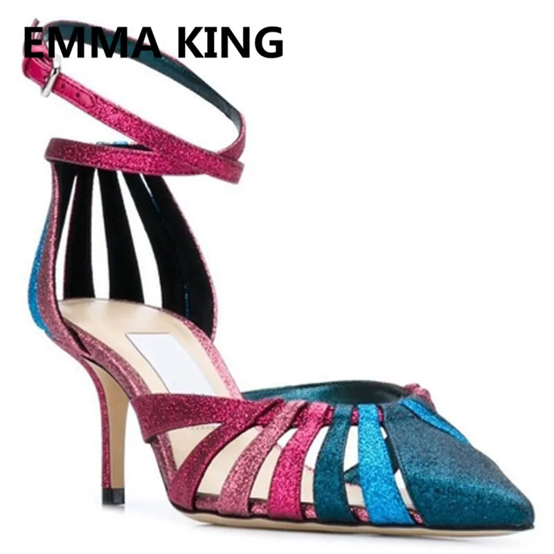

2019 New Glitter Bling Women High Heels Pumps Pointed Toe Ankle Strap Ladies Party Wedding Shoes Woman Summer Gladiator Sandals