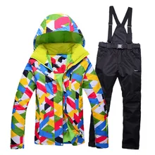 Женские Цвет печатных лыжный костюм пуховик штаны Зимние Водонепроницаемый Mountain Лыжный Спорт костюм Открытый Спорт сноуборд куртка с капюшоном