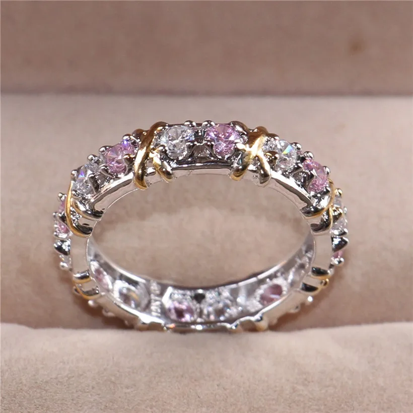 Женское 925 пробы Серебряное розовое танзанитовое парное кольцо с крестом из желтого золота вечное обручальное кольцо для женщин ювелирное изделие Размер 5-10