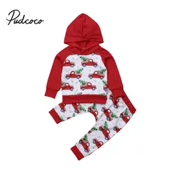 Рождественская детская одежда для маленьких девочек мальчик автомобиль дерево Топы с капюшоном, толстовки брюки костюмы 2 шт. Комплект