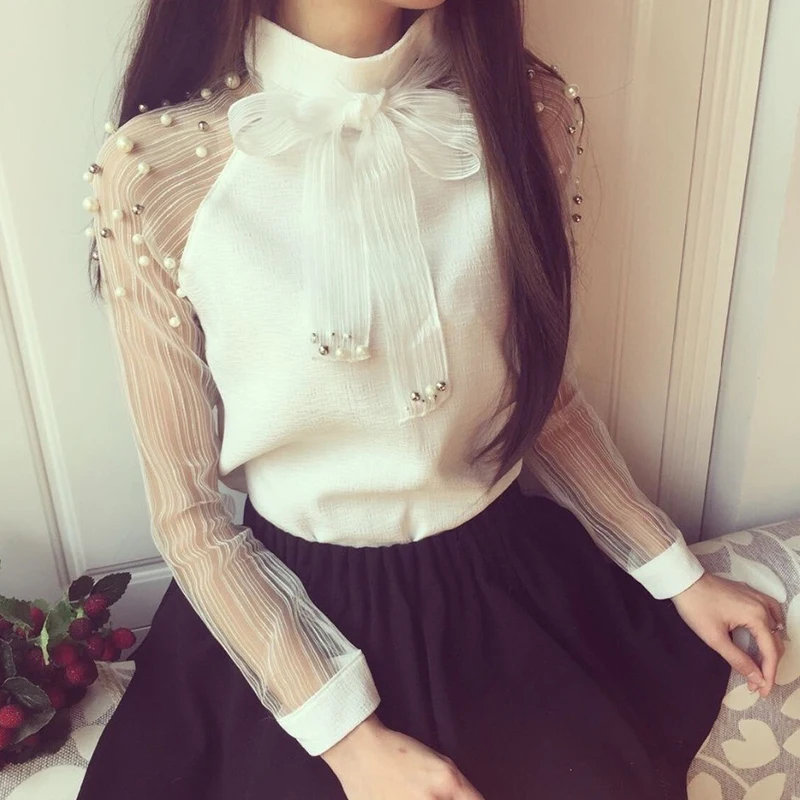 

2019 Stand Collar Long Sleeve Bow Tie Neck Blouse Women Elegant White Pearl Beading Embellished Striped Mesh Sleeve Shirt New