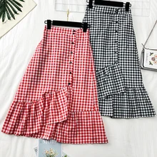 Новая свежая Асимметричная Однорядная юбка с высокой талией и пуговицами