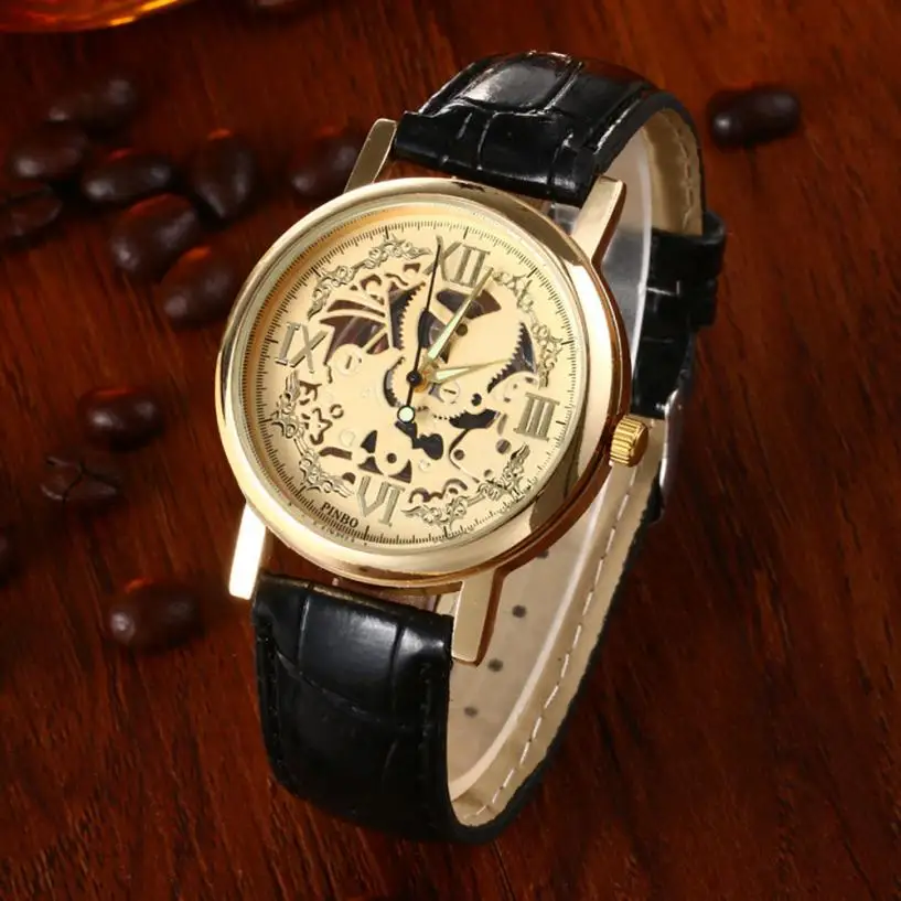

Luxury Skeleton Mens Clock Fashion PU Leather Band Quartz Stainless Steel Gold Dial Wrist Watch Men's Creative Watches Aug18