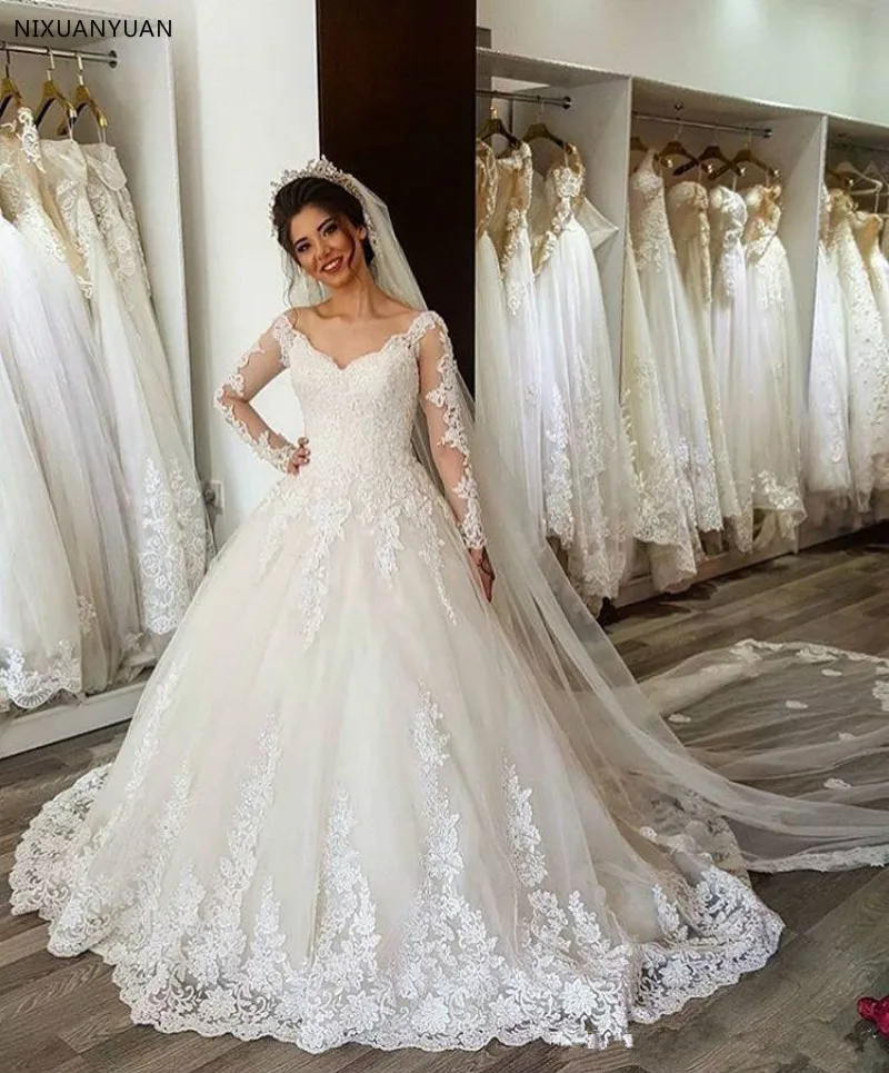 

Arabic Long Sleeves Wedding Dress 2019 A Line Full Lace Off The Shoulder Bridal Gowns Sweep Train wedding gown Vestido De Novia