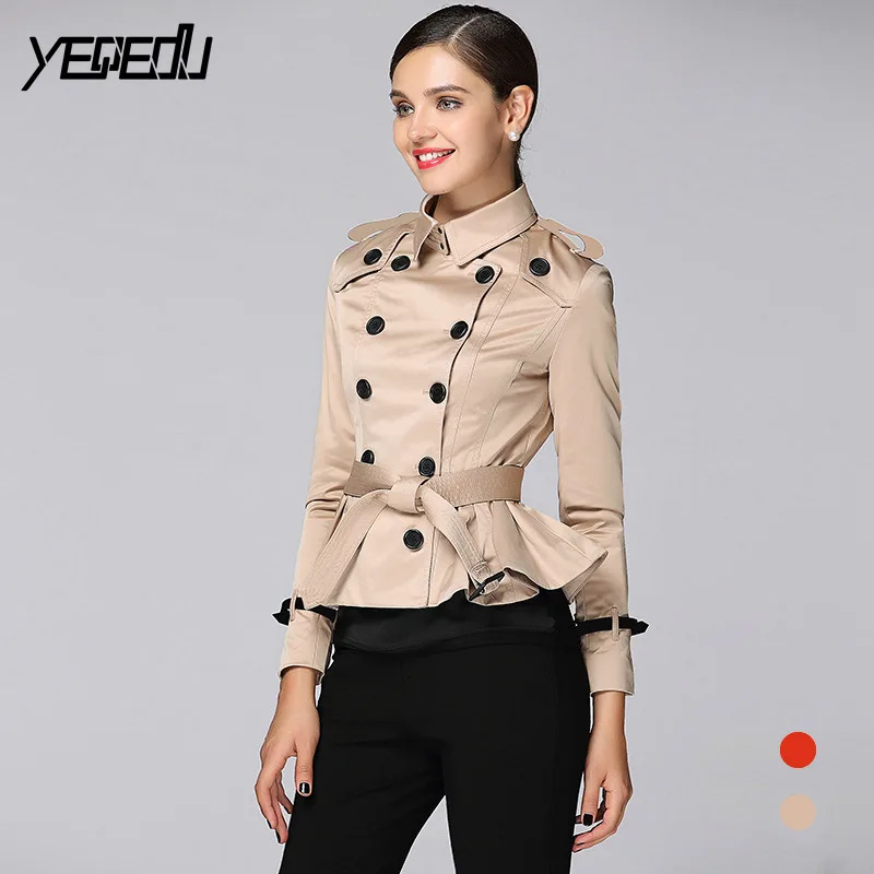 

#3304 Khaki Orange Double Breasted Adjustable Waist Short Treach Coat For Women Lotus Leaf Elegant Fashion High Quality Tide