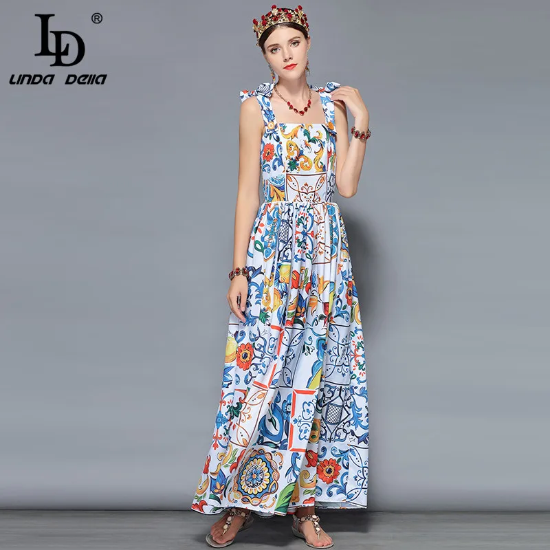 Ceny LD LINDA DELLA projektant mody maxi sukienki damskie niebieski biały kwiatowy Print lato Boho wakacje długa sukienka w stylu casual