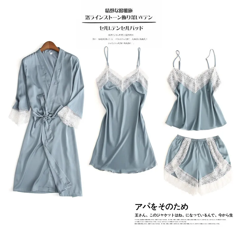 

Queenral 4PCS Pyjama Femme Long Sleeve Pijama For Women Sleepwear Set Cotton Home Clothes Pajamas Sets Sexy Lace Robe Pajamas