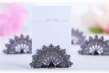 

hot sell 100PCS/lot Antiqued Fan Place Card Holder Wedding Favors Party Table Decoration Shower Peacock Name Card Holder