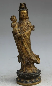 

song voge gem S2162 11" Chinese Bronze Gild Stand Boy Kwan-yin Guan Yin Boddhisattva Goddess Statue
