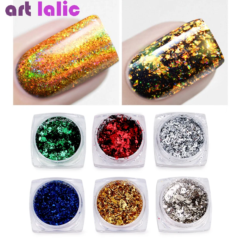 

6pcs Mirror Firework Glitter Nail Powder Sequins Gold Silver Paillette Irregular Shape Chameleon Nail Art Flake Tip with Sponge