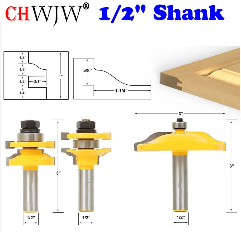 

3Pcs 1/2'' Shank Rail & Stile Ogee Blade Cutter Panel Cabinet Router Bits Set door knife Tenon Cutter for Woodworking Tools