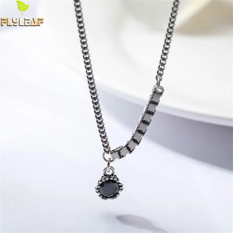 

Flyleaf Black Cubic Zirconia Vintage Chain Real 925 Sterling Silver Necklace Women Fine Jewelry Simple Necklaces & Pendants