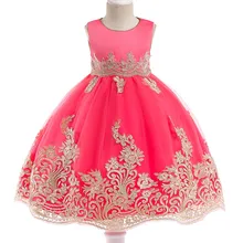 Летнее новейшее элегантное детское платье вечерние платья принцессы с цветочным узором для девочек, свадебное платье с аппликацией золотистого цвета