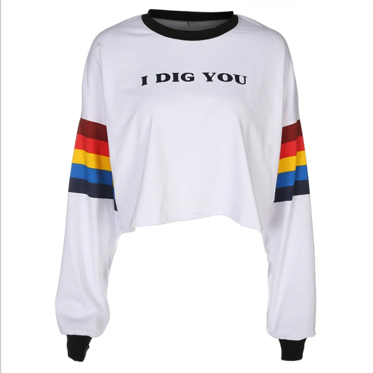  Cotton White Letter Print Striped Hoodies Women Autumn Long Sleeve Crop Tops Summer 90S Girl Fashio