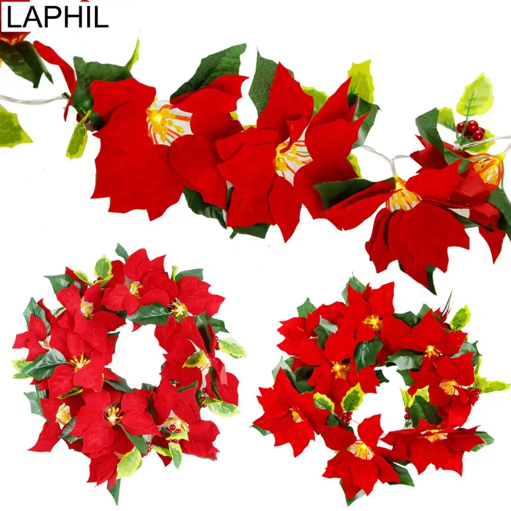 

LAPHIL10 Heads Artificial Flower Christmas Red Poinsettia LED Light Xmas Flower Garland Wedding Decor Birthday Party Supplies