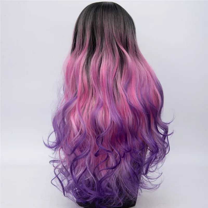 Модные дешевые косички челки длинные Косплей парики для женщин Радужный Омбре натуральные фиолетовые розовые синие волосы плетение синтетический волнистый парик