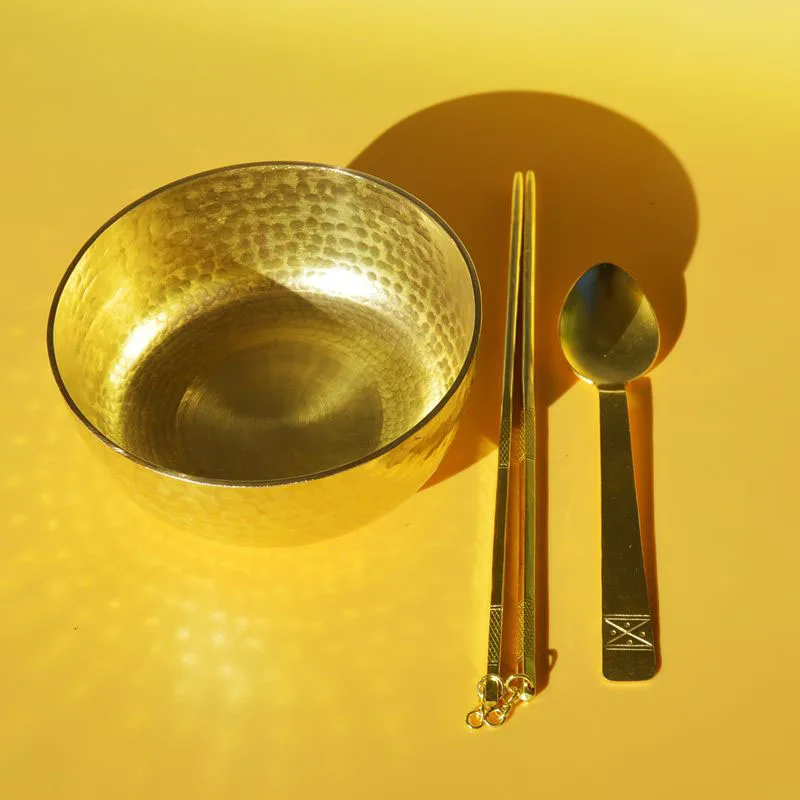 Набор латунных чаш ложка палочки для еды набор кухонные приборы ручной работы толстые предотвращения Vitiligo столовые приборы