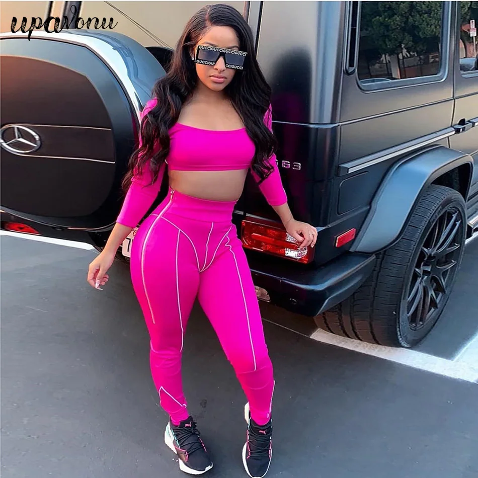 

2019 New Fluorescent Strip Two-Piece Sports Suit Round Neck Long-Sleeved Trousers Suit Nightclub Street Wind Tight Suit