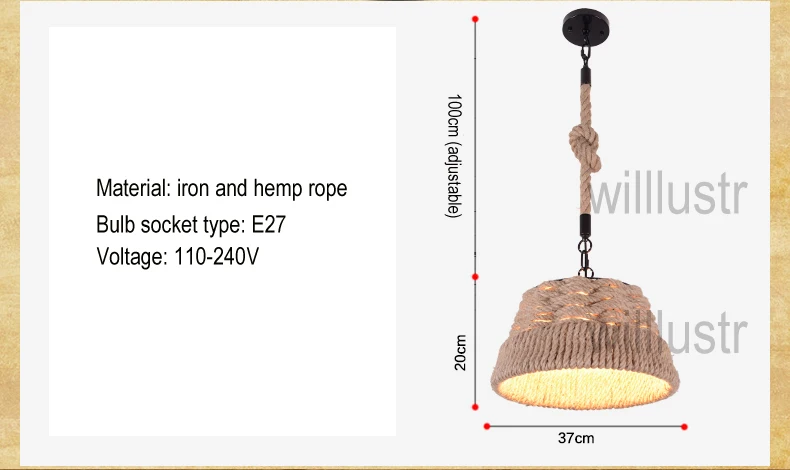 Willlustr Кантри стиль подвесной светильник Лофт EDISON ЛАМПЫ натуральный материал висит освещения пеньковая веревка подвесной светильник