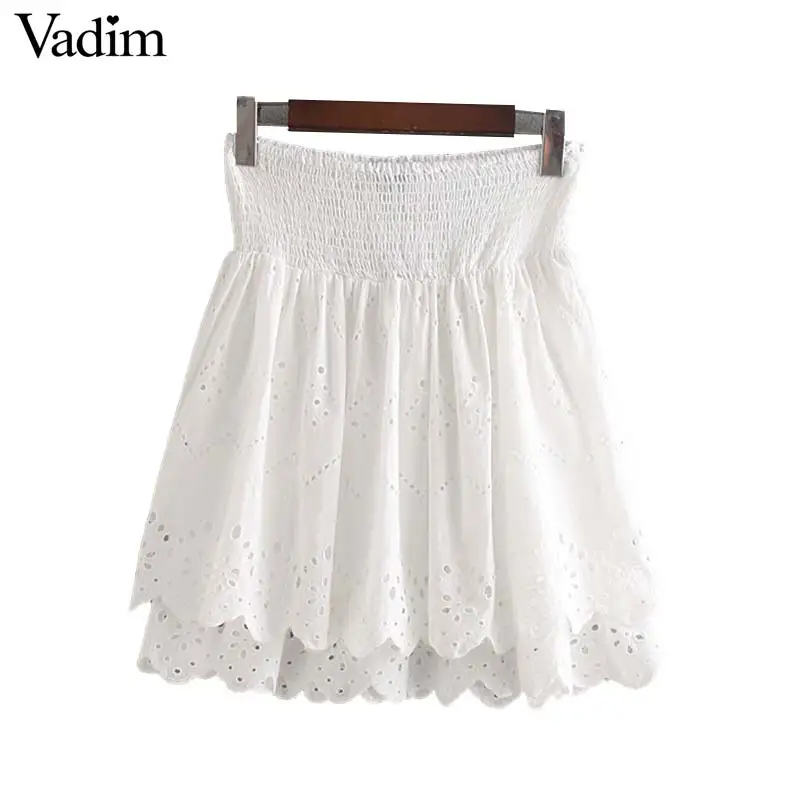 

Vadim women elegant embroidery mini skirt hollow out eyelet elastic high waist white black female stylish skirts BA715