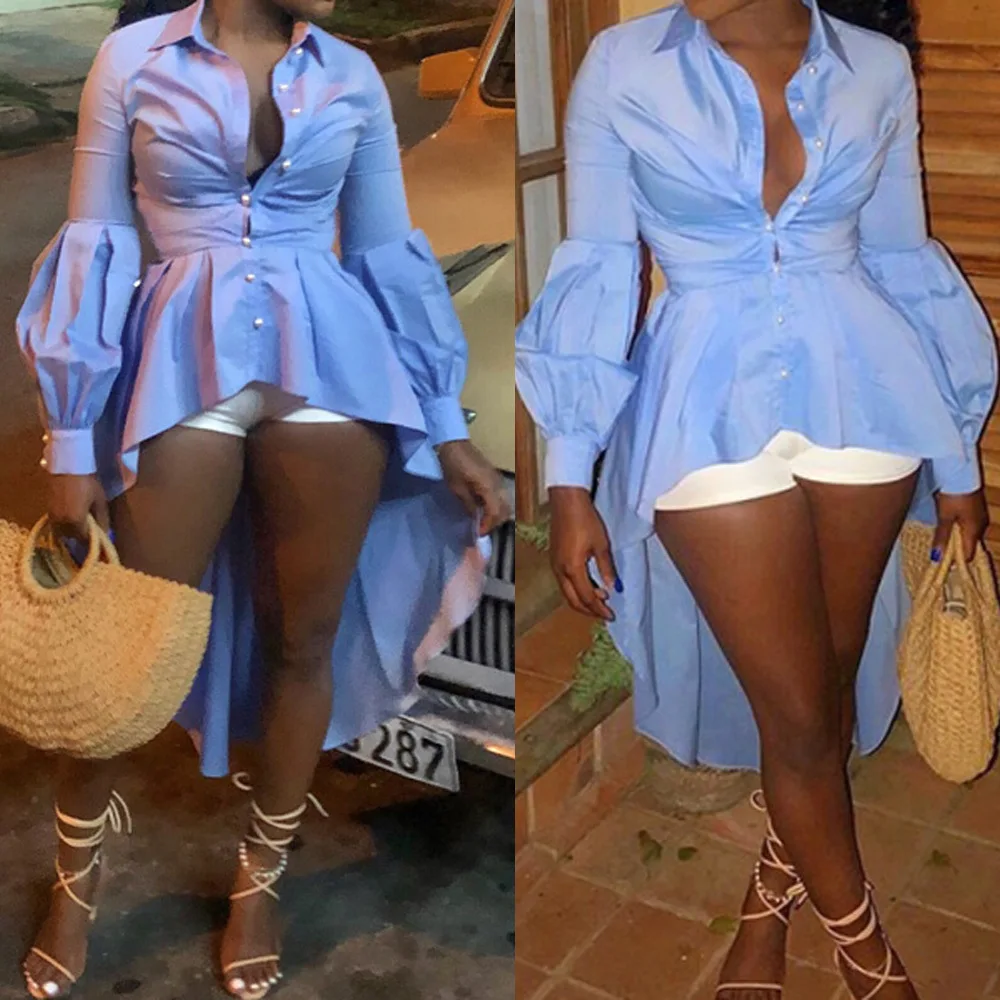 

Women Blouse Shirt Peplum Button Up High Low Tops Blue Summer Fashion Long Lantern Sleeve Casual Wear Female Clothing 2019 Bluas