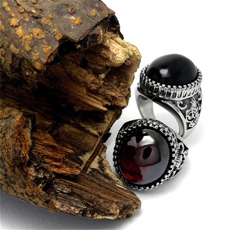 Modyle Vintage Design Black Red Stone Mens Ring Stainless Steel Punk Jewelry Big Stone Rings for Men Never Fade