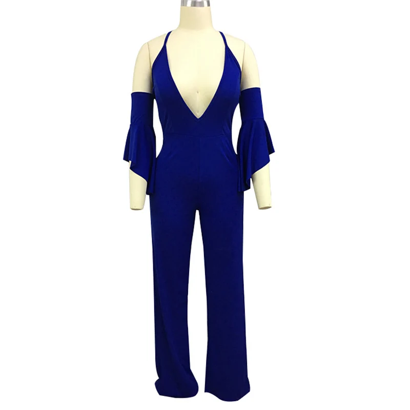 Black Blue Red Flare Long Sleeve Jumpsuit 2018 Women Streetwear Plus Size High Waist Deep V Neck Off Shoulder Party Jumpsuit (5)