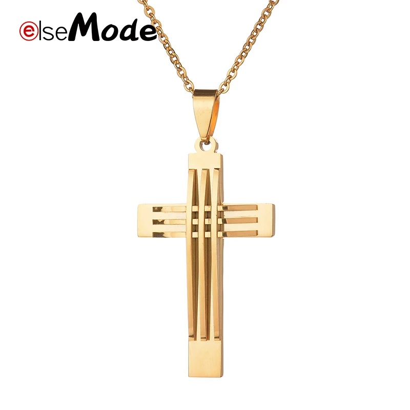 

ELSEMODE Fashion Christian Jesus Cross Pendant Necklaces for Men Women Gold Stainless Steel Necklace Religious Jewelry