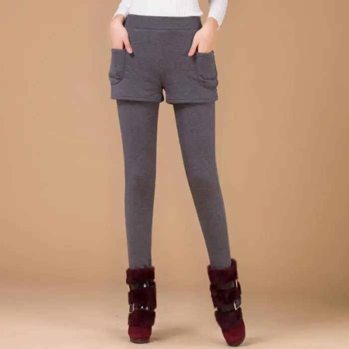 Женские осенние леггинсы, имитация двух частей, короткие штаны, теплые зимние женские брюки, Прямая поставка