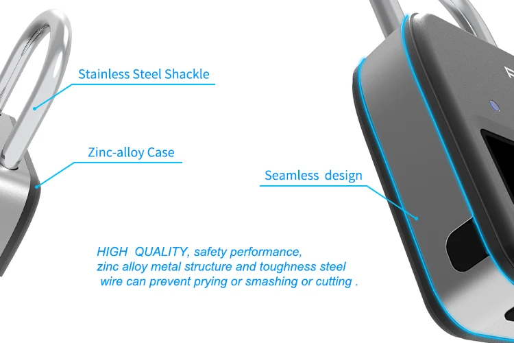 

Keyless fingerprint scanner padlock , unique fingerprint is key,more secure.Smart padlock with 10 fingerprints ,access sharing.