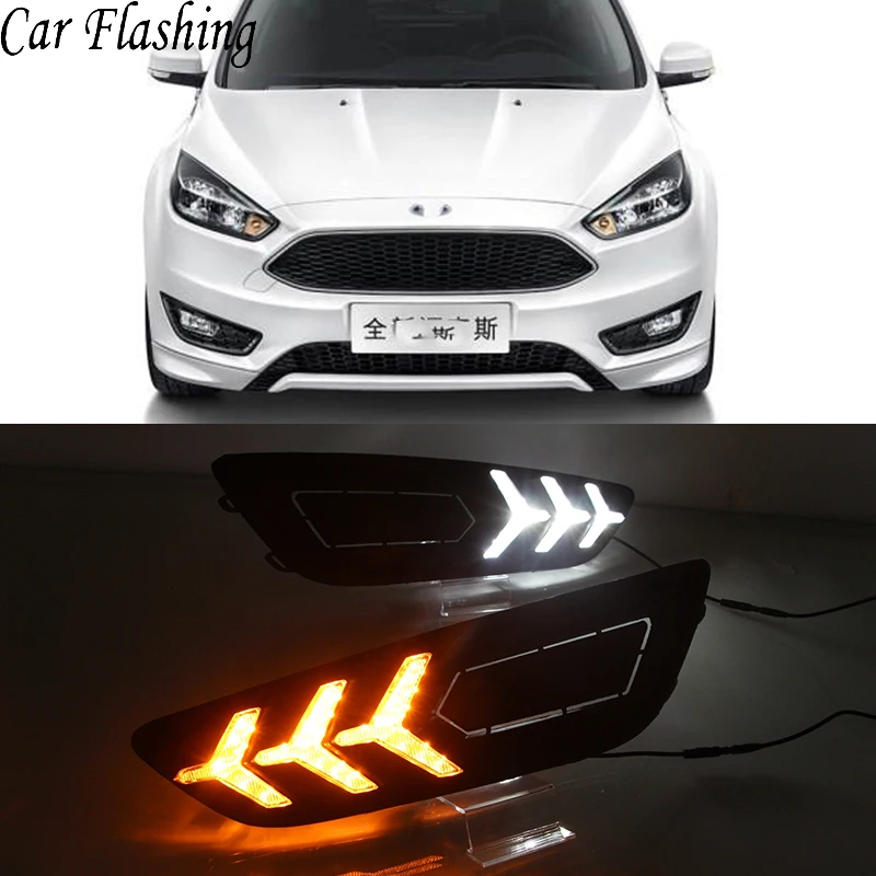 

Car Flashing 2Pcs LED DRL daytime running lights daylight fog lamp with Yellow turn signal for Ford focus 4 2015 2016 2017 2018