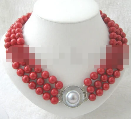 

FREE SHIPPING>@@> 3157 3row natural perfect round red coral necklace
