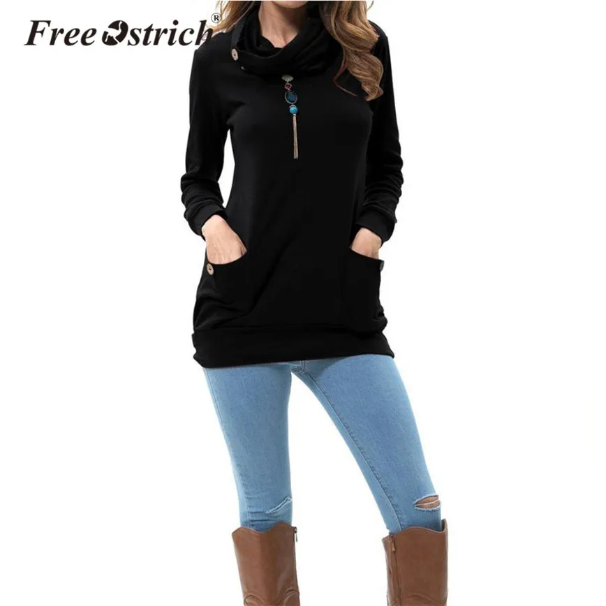 

Free Ostrich Autumn Casual Women Sweatshirt Scarf Collar Pullovers Solid Full Sleeve Button pockets Ladies Sweatshirt