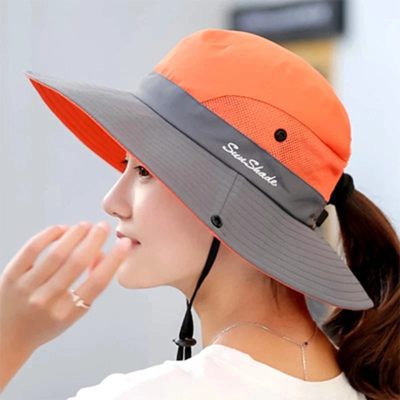 Женская летняя сетчатая широкая с полями, солнце шляпа с защитой от воздействия УФ-излучения с отверстием для конского хвоста, женская шляпа для сафари