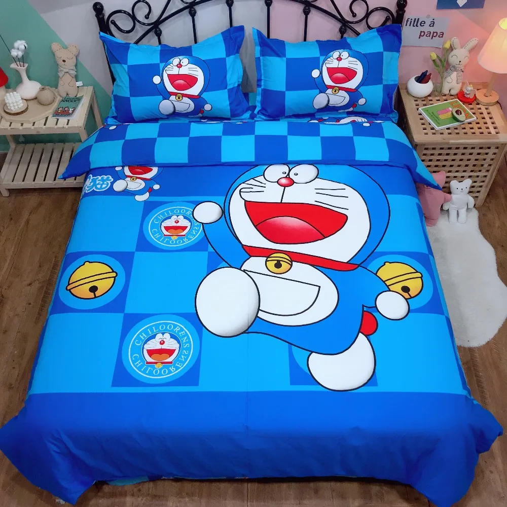 Комплект постельного белья с героями мультфильмов Doraemon, детская спальня, чистое хлопковое стеганное одеяло, двойной королева, король, милое пуховое одеяло, простыня, Синий Постельное белье