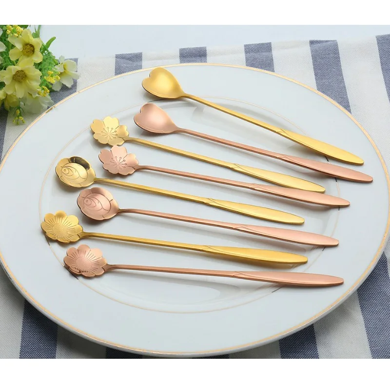 

1 Pcs Stainless Steel Flower Love Heart Spoon Coffee Tea Rose Gold Spoon Ice Cream Spoons WXV Sale