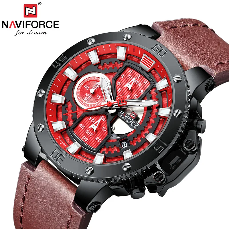 NAVIFORCE мужские часы красные большие Роскошные наручные с хронографом кварцевые