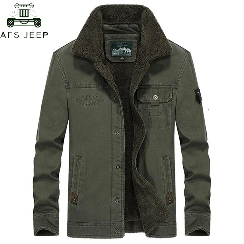 

AFS JEEP Brand Winter Jacket Men Plus Size 5XL Military Fur Plush Lapel Denim Jackets Coats Mens Thicken Fleece Jeans Jacket