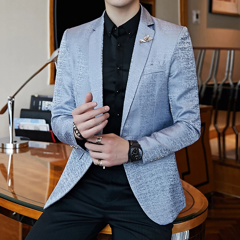 Chaqueta de la vendimia Jacquard impresión Promo Blazers para hombres con estilo Blazer Homme Slim Fit un botón Casual chaqueta sólida Chaqueta de la vendimia Jacquard impresión Promo Blazers para hombres con estilo Blazer Homme Slim Fit un botón Casual chaqueta sólida