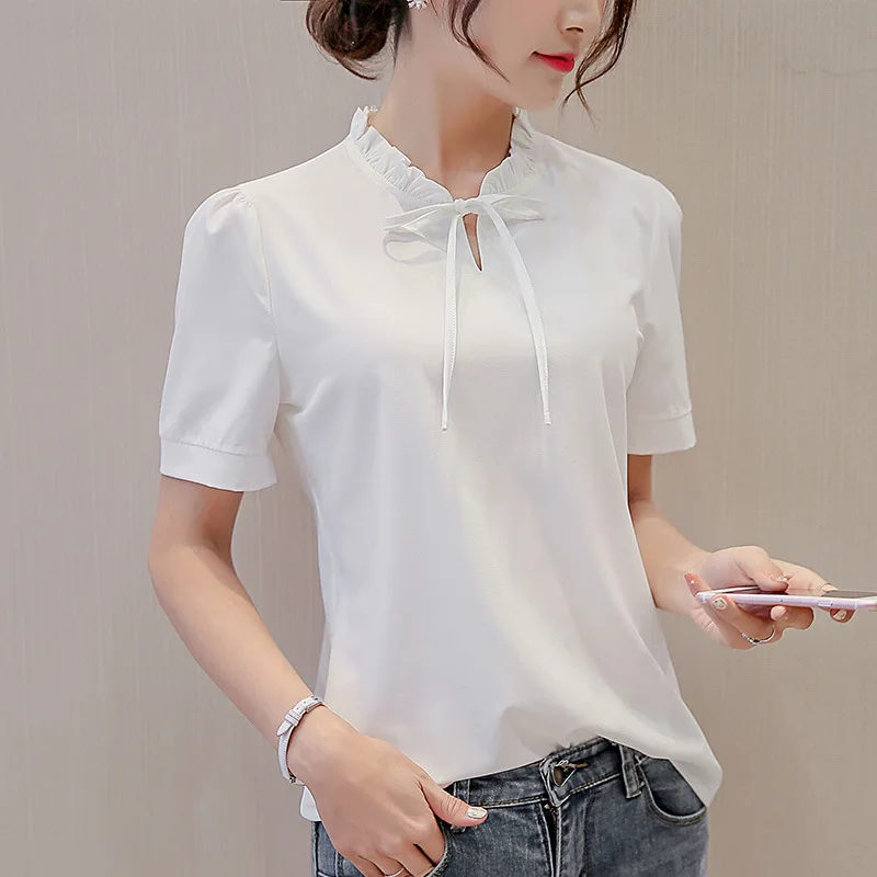

New Summer 2019 Women Blue Shirt Women Short Sleeve Casual Chiffon Blouse Fashion Elegant Korean Tops Streetwear Women Clothes