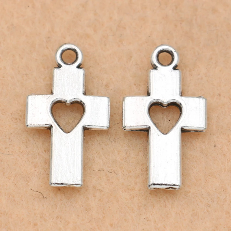 

KJjewel Antique Silver Plated Crosses Heart Charm Pendant Jewelry Diy Jewelry Making Handmade 19x10mm
