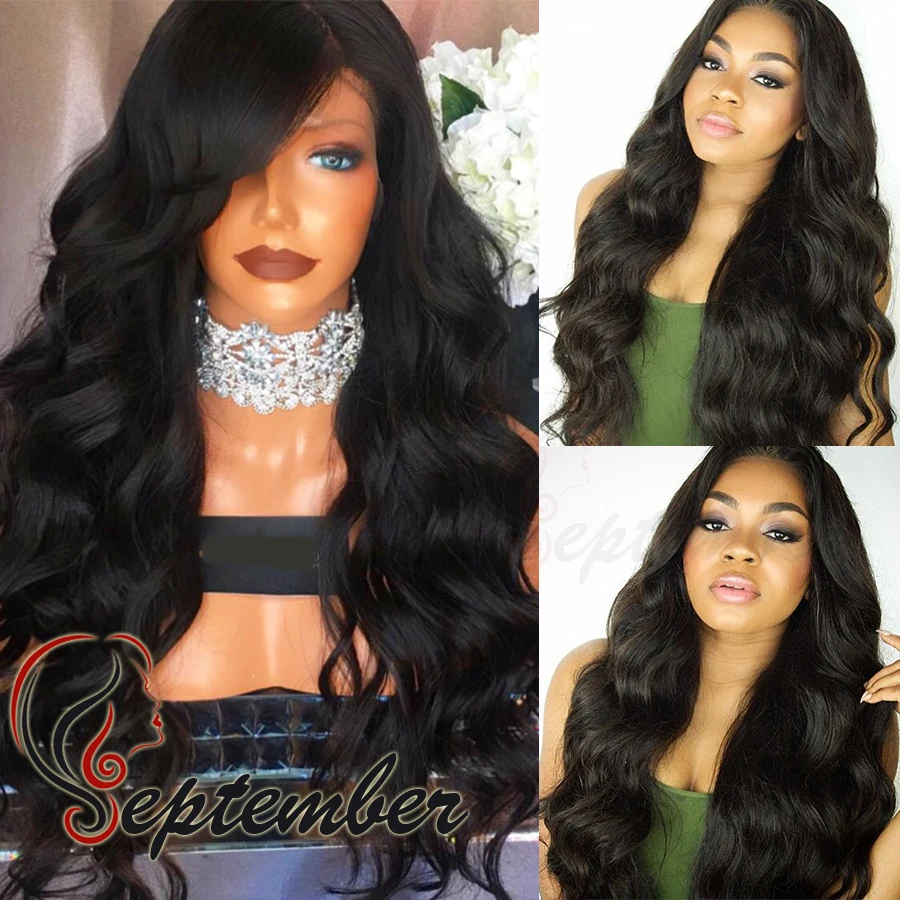 

Cheap Long synthrtic hair wigs natural black deep wave lace front wig brazilian wavy glueless heat resistant women wigs