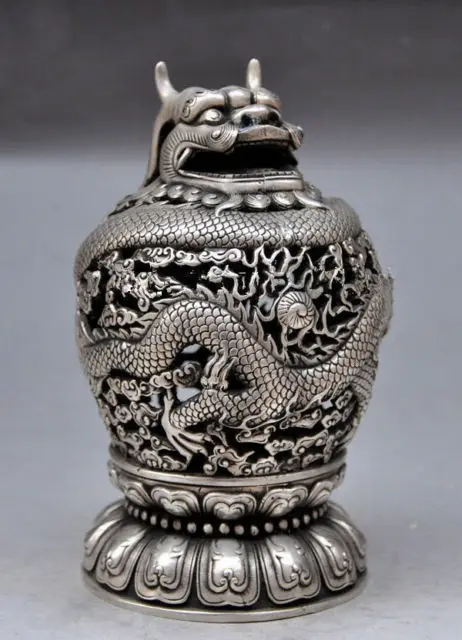 

7.28 inch / China's ancient hand-carved Tibet silver lotus same incense burner
