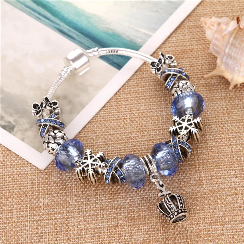 

Vintage Silver plated Crown Pendant Light Blue Crystal Zircon DIY Charms European Pandora Bracelets & Bangles For Women Gift