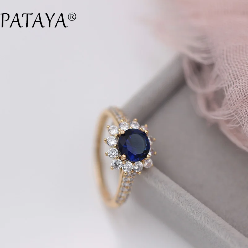 PATAYA New Arrivals Sunflower Dark Blue Natural Zircon Rings Women 585 Rose Gold Luxury Romantic RU Hot Wedding Party Jewelry