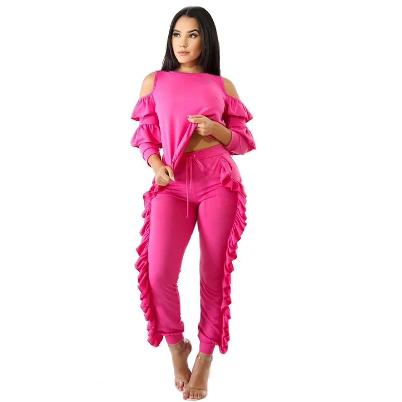 

Two Piece Set Grey Tracksuit Womens Cold Shoulder Ruffle Crop Top and Skinny Pants Leisure Sweatpants Outfit Ladies Sweat Suits