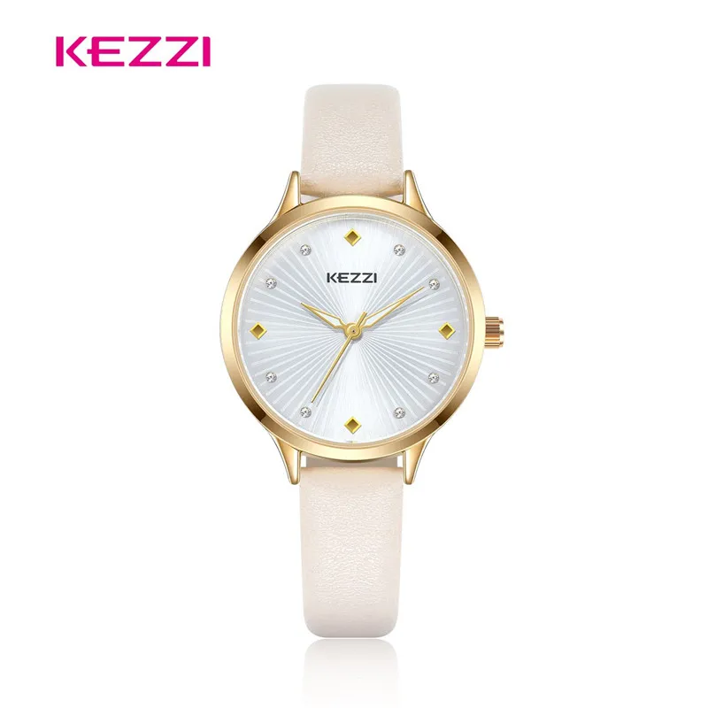 

KEZZI Women's Wrist Watch Diamond Pink Waterproof Watches Leather Band Round Case Elegant Ladies Watch New Relogio Feminino